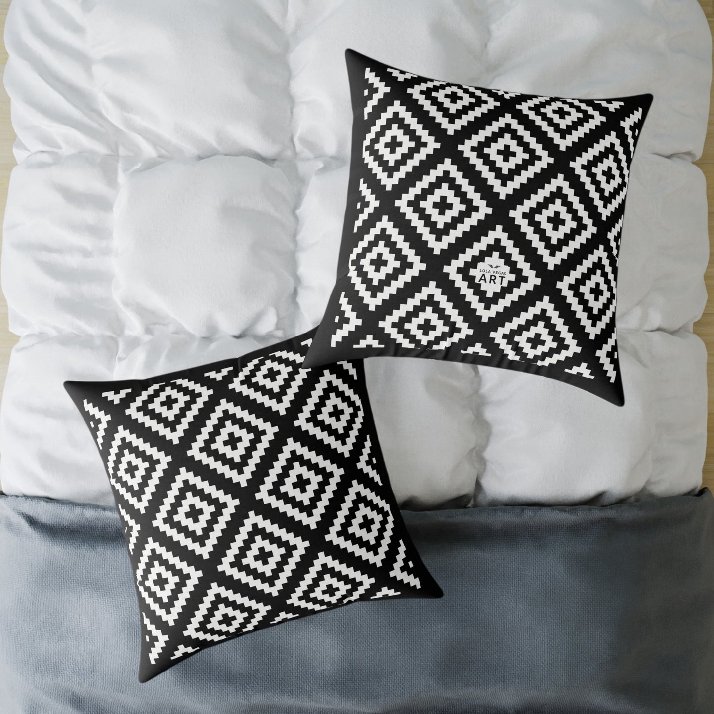 Black White Boho Native American Geometric Diamond Pattern Pillow | Square Poly Canvas Pillow