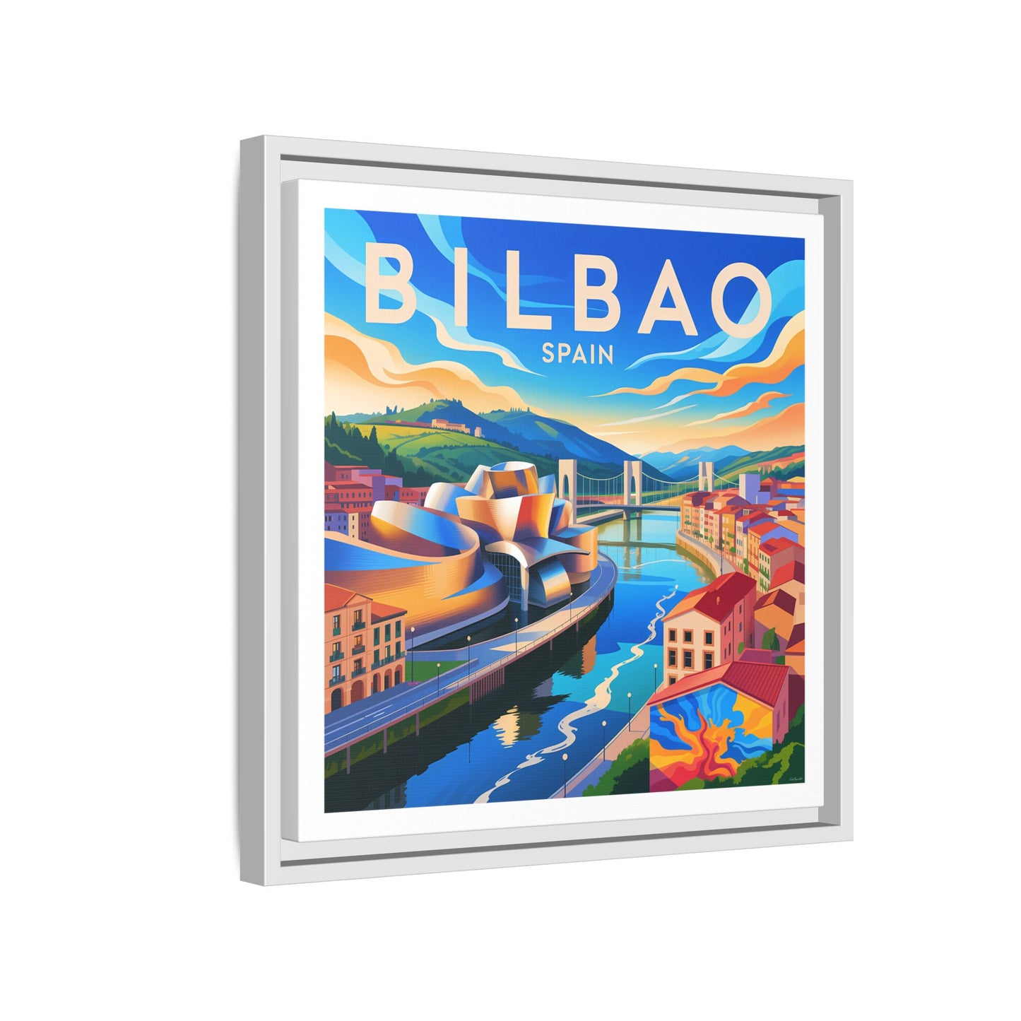 Bilbao Spain travel art Matte Canvas Framed | Bilbao cityscape wall art