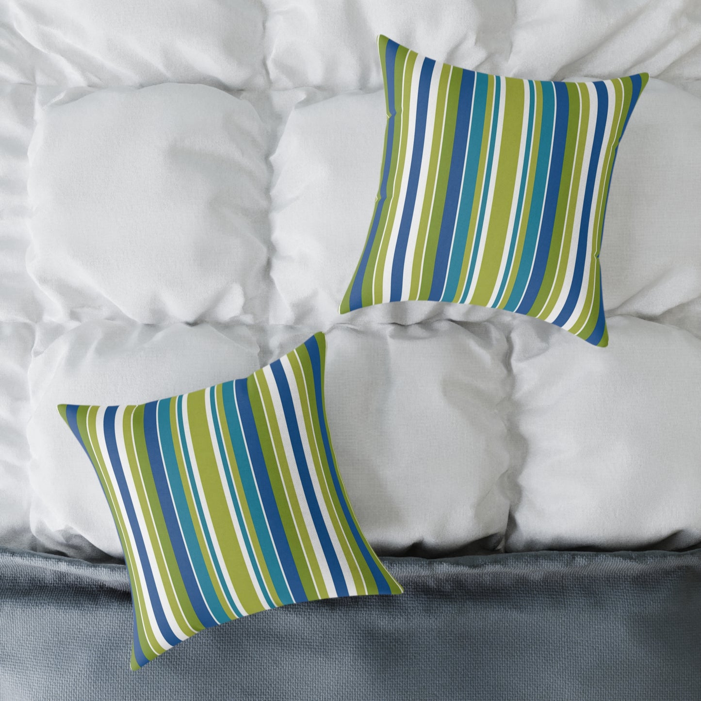 Blue Green White Vertical Stripe Square Pillow | Nautical Coastal Throw Cushion