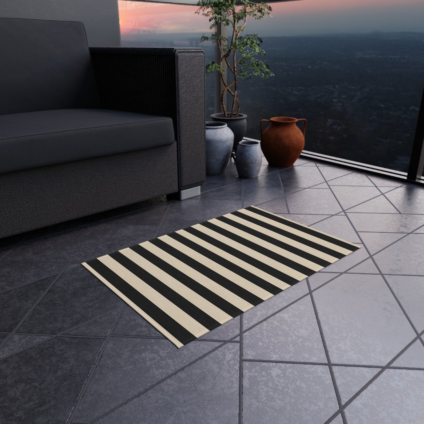 Black and Natural Striped Outdoor/Indoor Rug | Patio Floor Mat