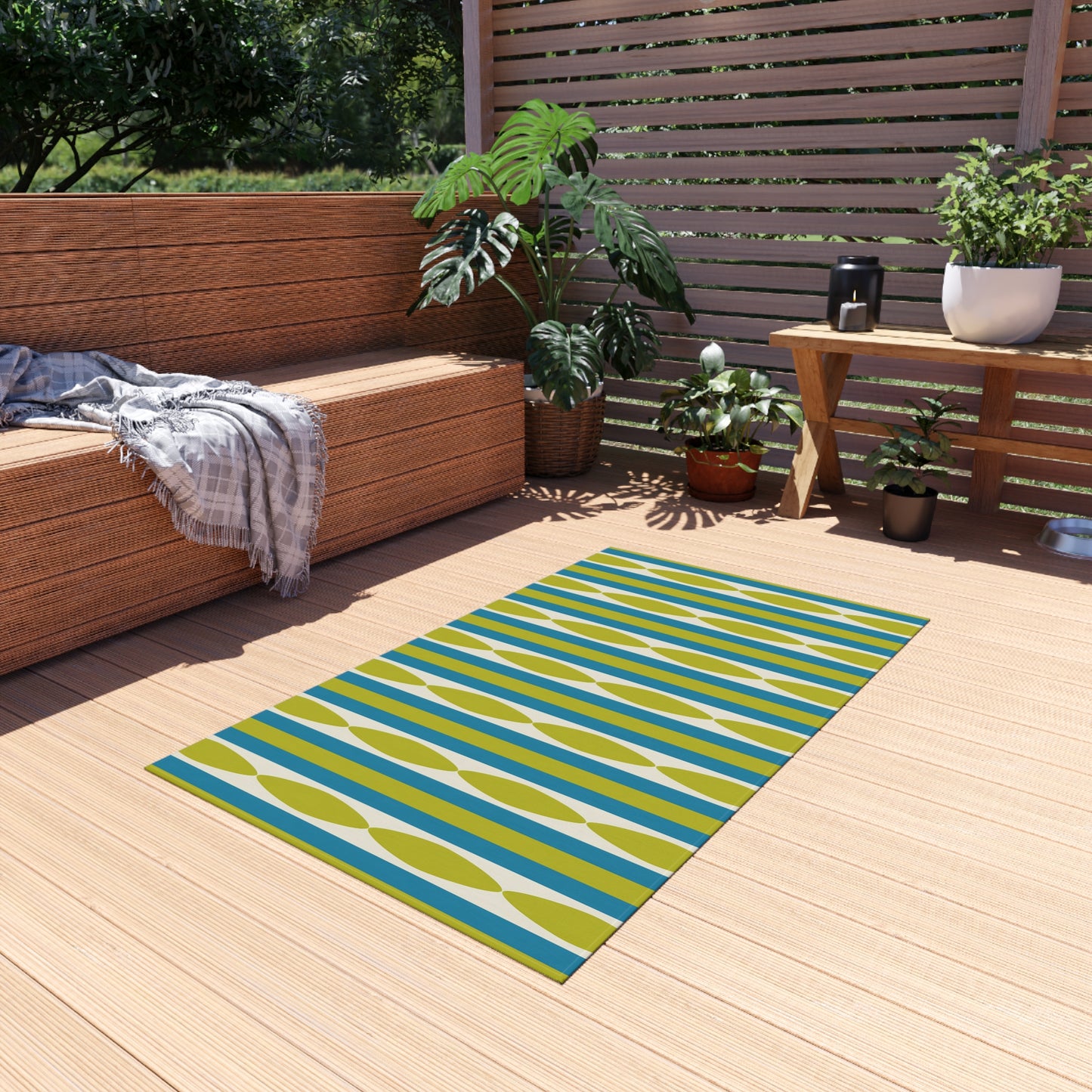 Midcentury Leaf Stripe Outdoor Rug | Patio Mat, Green Blue Linear Pattern