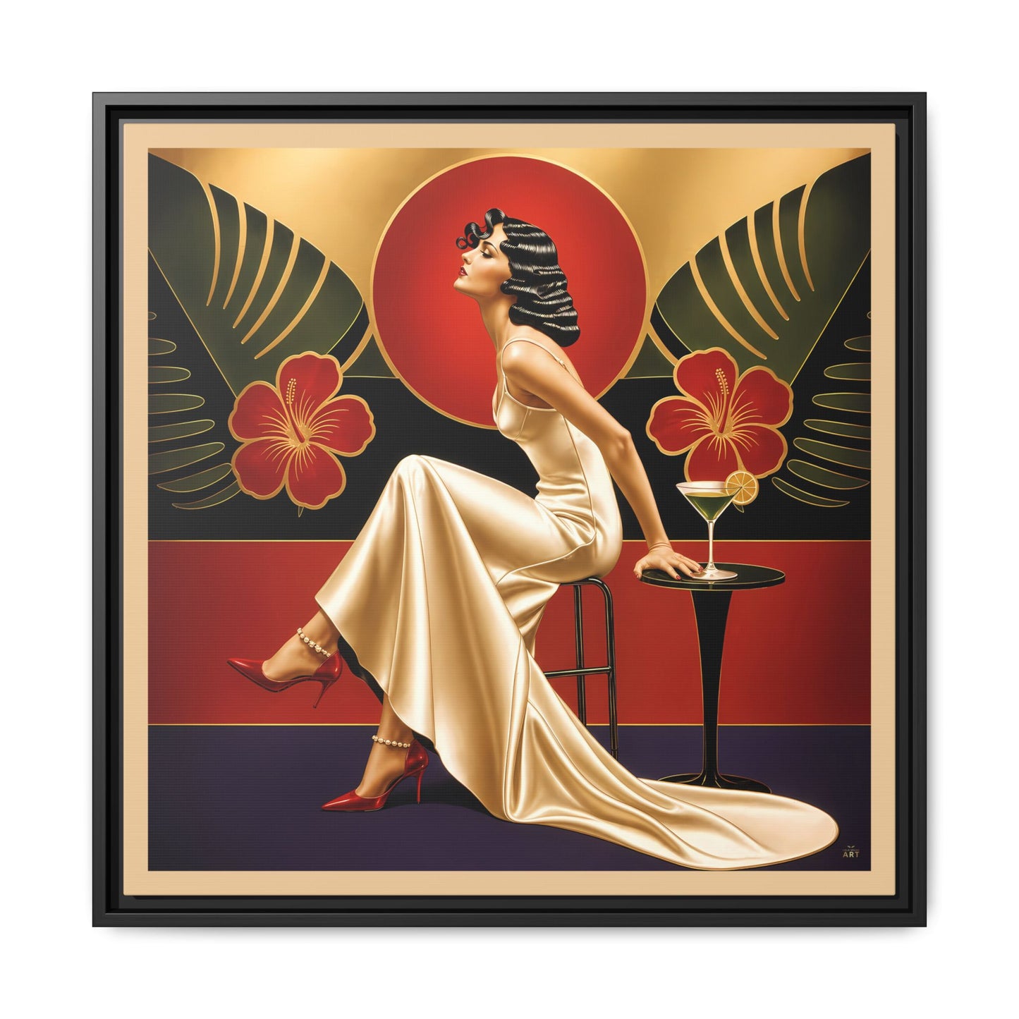 Art Deco Lady Red Green Beige Tropical Canvas Framed Wall Art | Matte Print