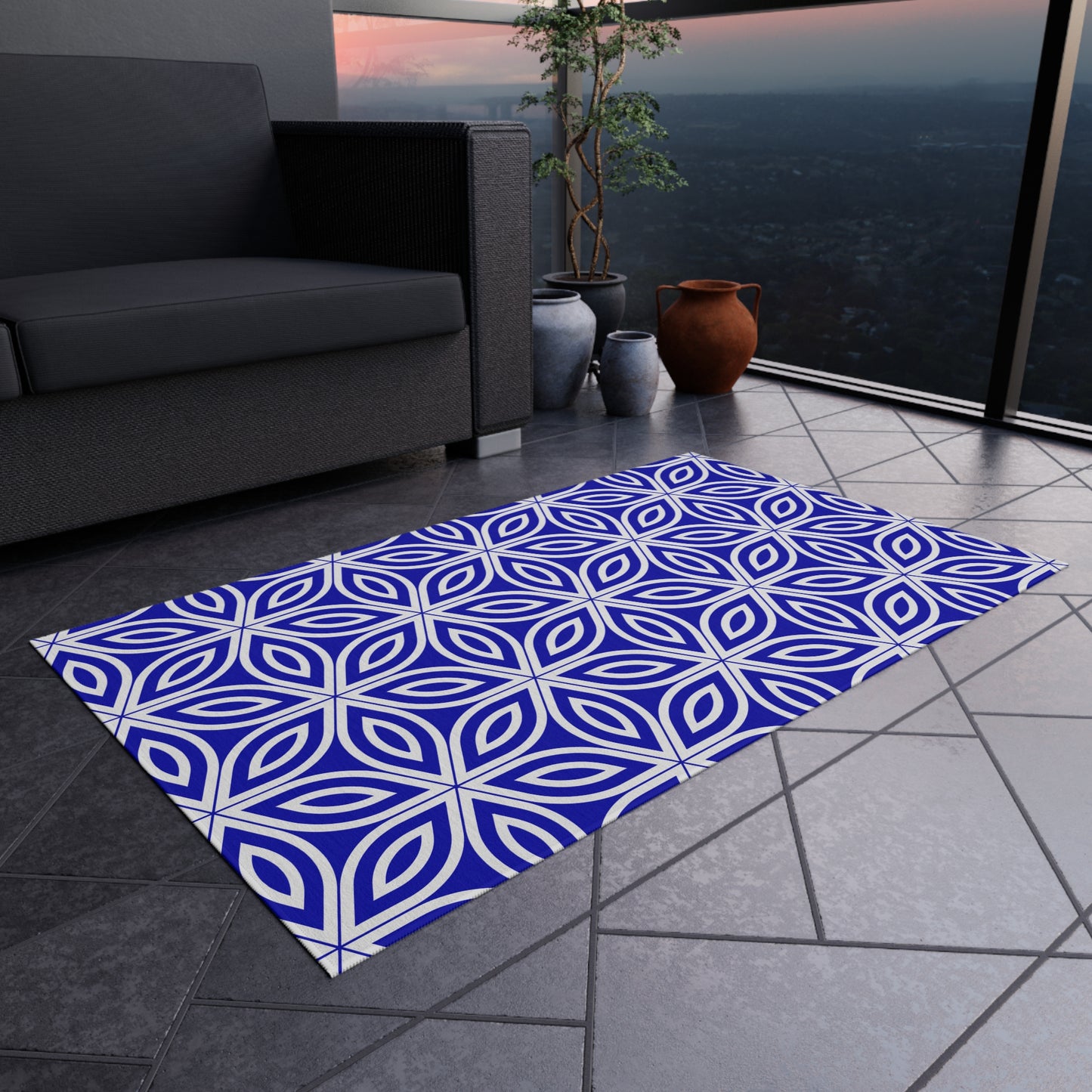 Royal Blue Geometric Floral Pattern Outdoor/Indoor Rug | Blue Petal Tile Design