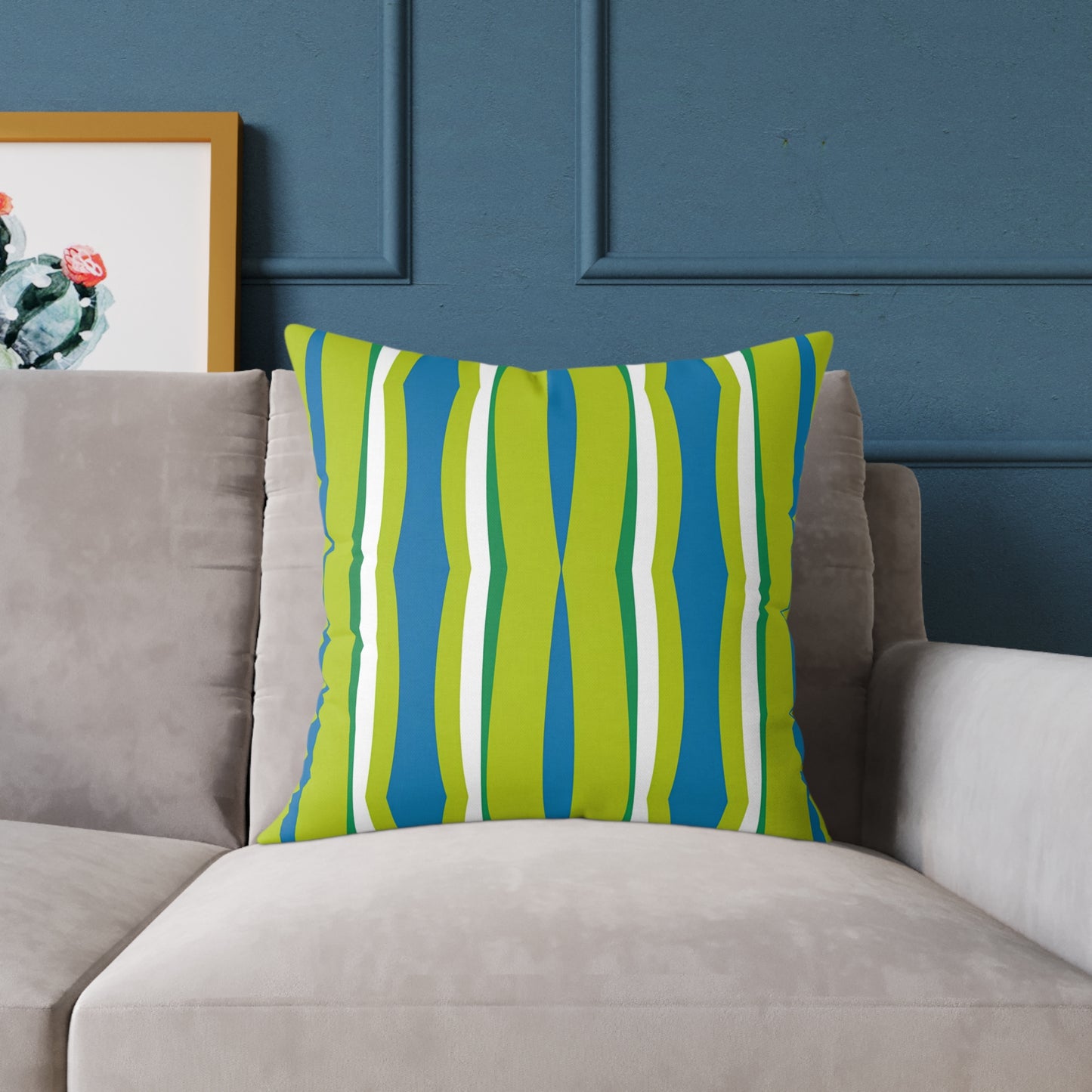 Green Blue Wavy Stripes Square Pillow | Modern Geometric Throw Pillow