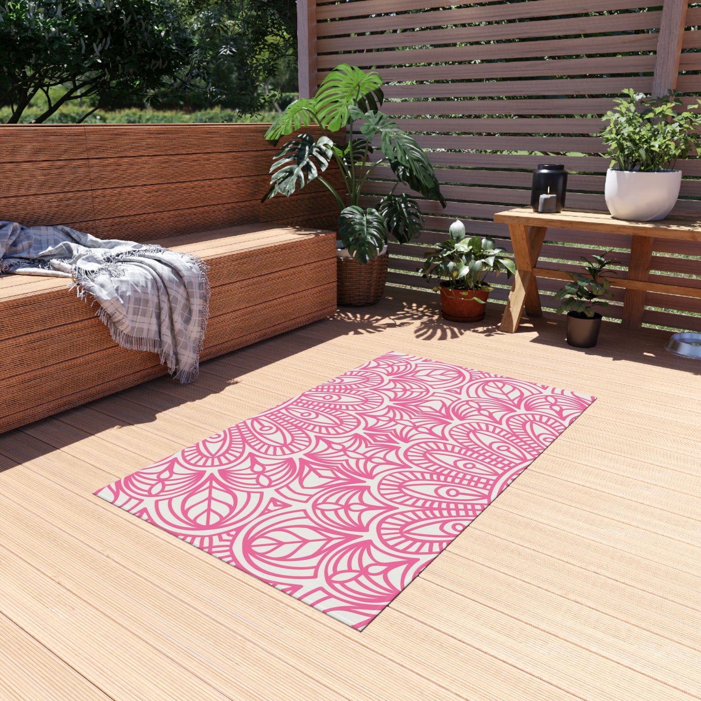 Pink Mandala Pattern Outdoor/Indoor Rug | Floral Patio Mat