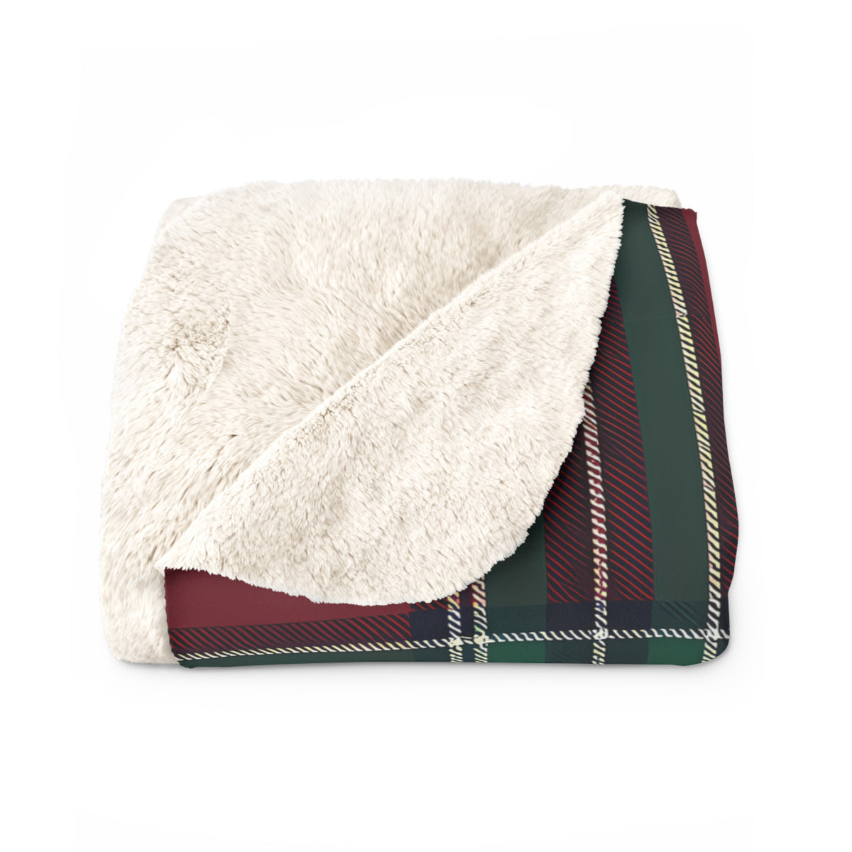Red Green Black White Beige Tartan Plaid Sherpa Blanket | Cozy Holiday Plaid Throw