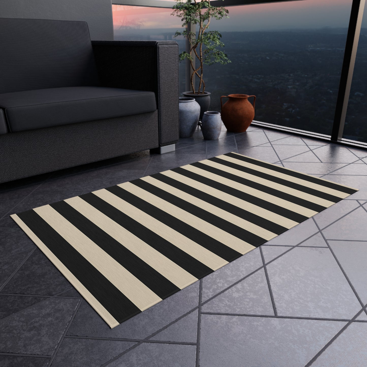 Black and Natural Striped Outdoor/Indoor Rug | Patio Floor Mat