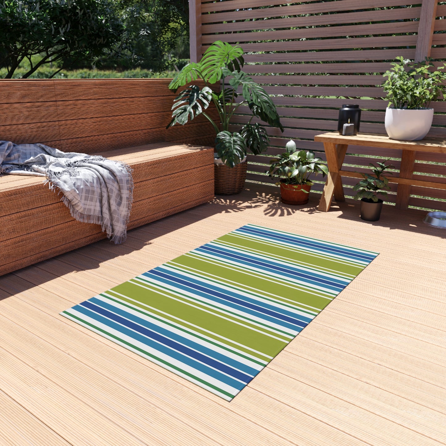 Blue Green White Striped Outdoor Rug | Outdoor Rug
