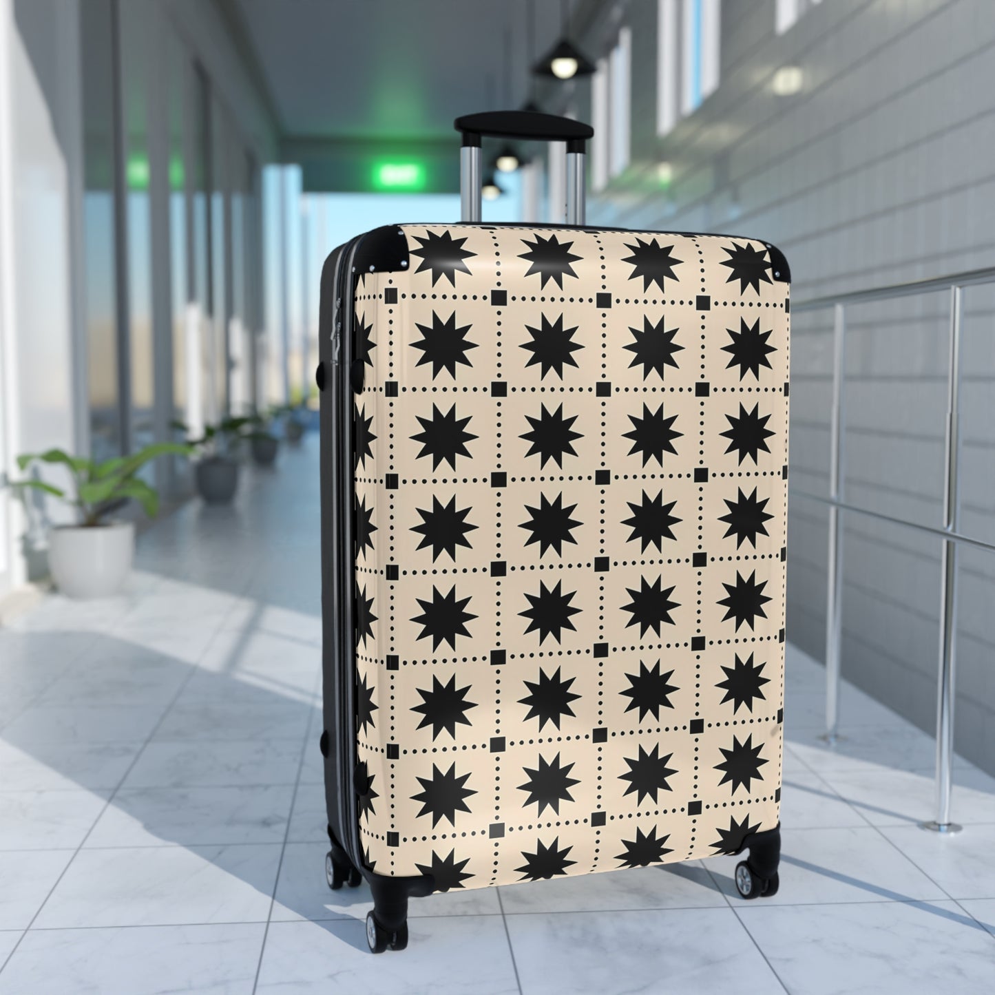 Black Creme Star Grid suitcase | Patterned Carry-On Luggage