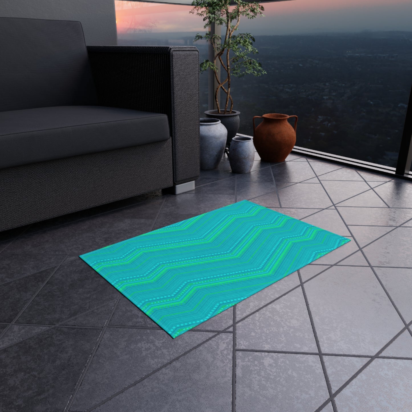 Turquoise Chevron Zigzag Outdoor/Indoor Rug | Patterned Patio Mat
