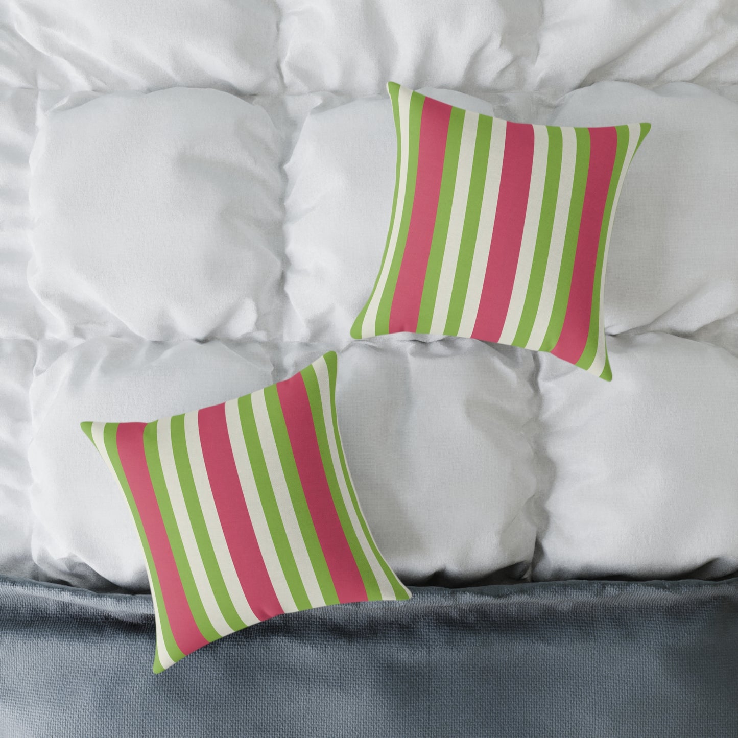 Watermelon Pink Green Vertical Stripe Pillow | Square Poly Canvas Pillow