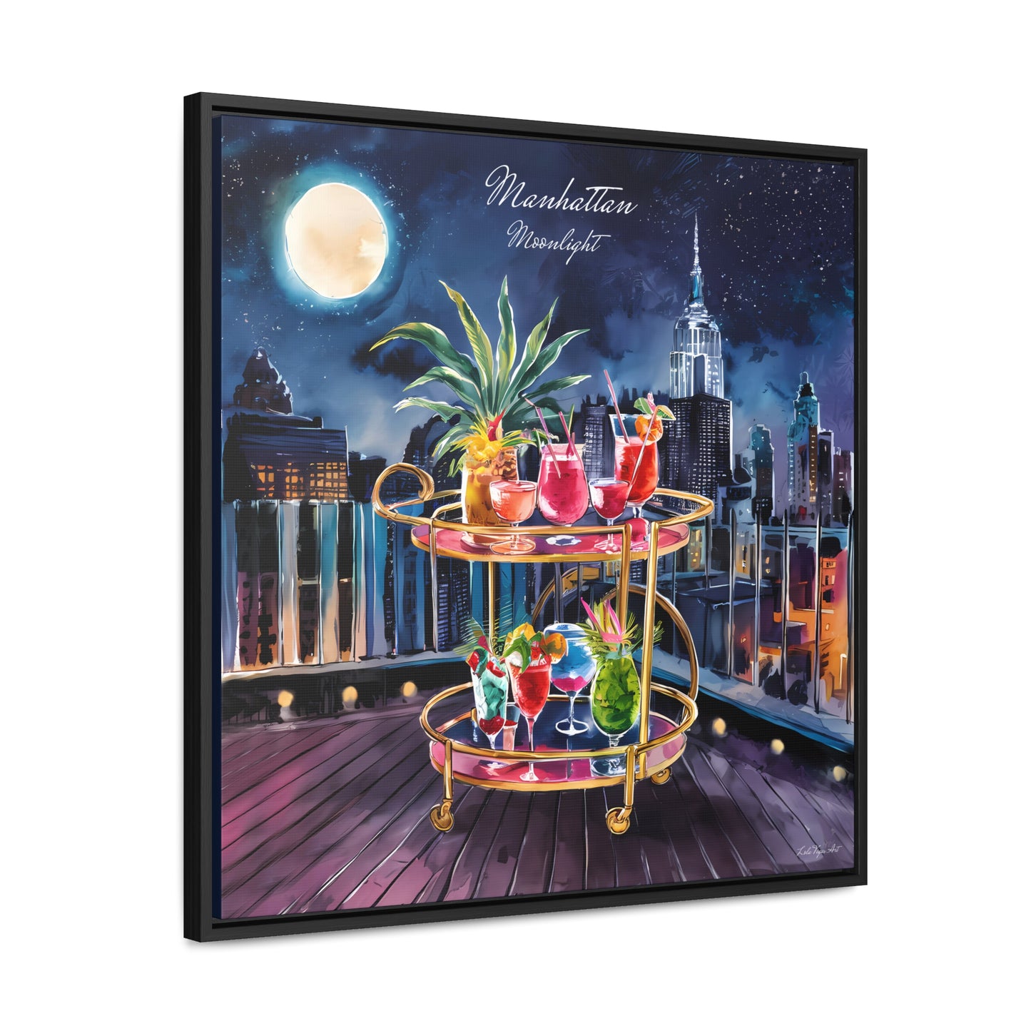 Square Canvas Prints, Rooftop Manhattan Cityscape Wall Art, Bar Cart and Cocktails at Night, Full Moon, Gallery Wrap, Square Frame, Home