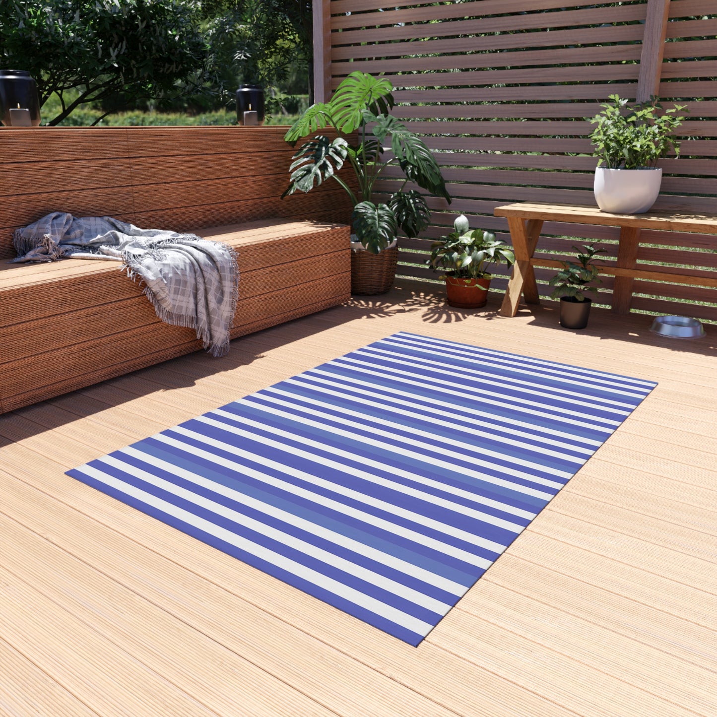 Purple, Periwinkle White Striped Outdoor Rug | Nautical Patio Mat