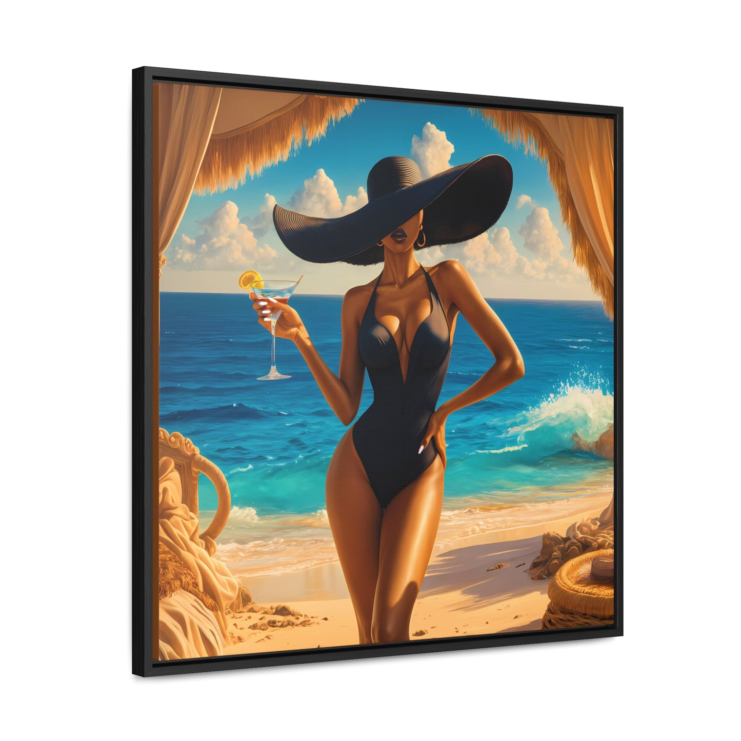 Canvas Wall Art, Woman in Sunhat at Beach with Martini, Home Decor, Square Frame, Vacation, Summer, Ocean View, Tropical Artwork, Beach