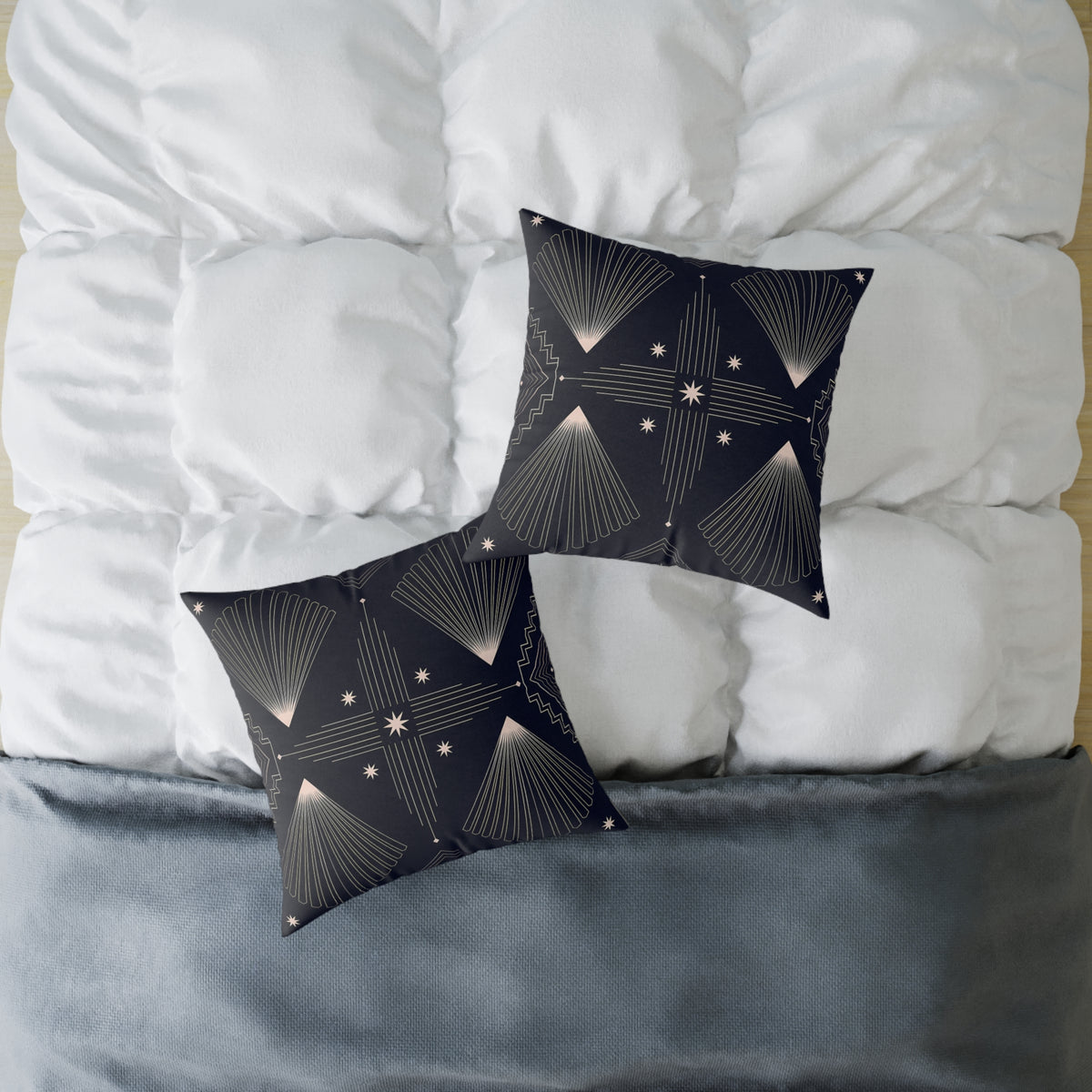 Indigo Blue Art Deco Starburst Square Pillow | Geometric Night Sky Throw Pillow
