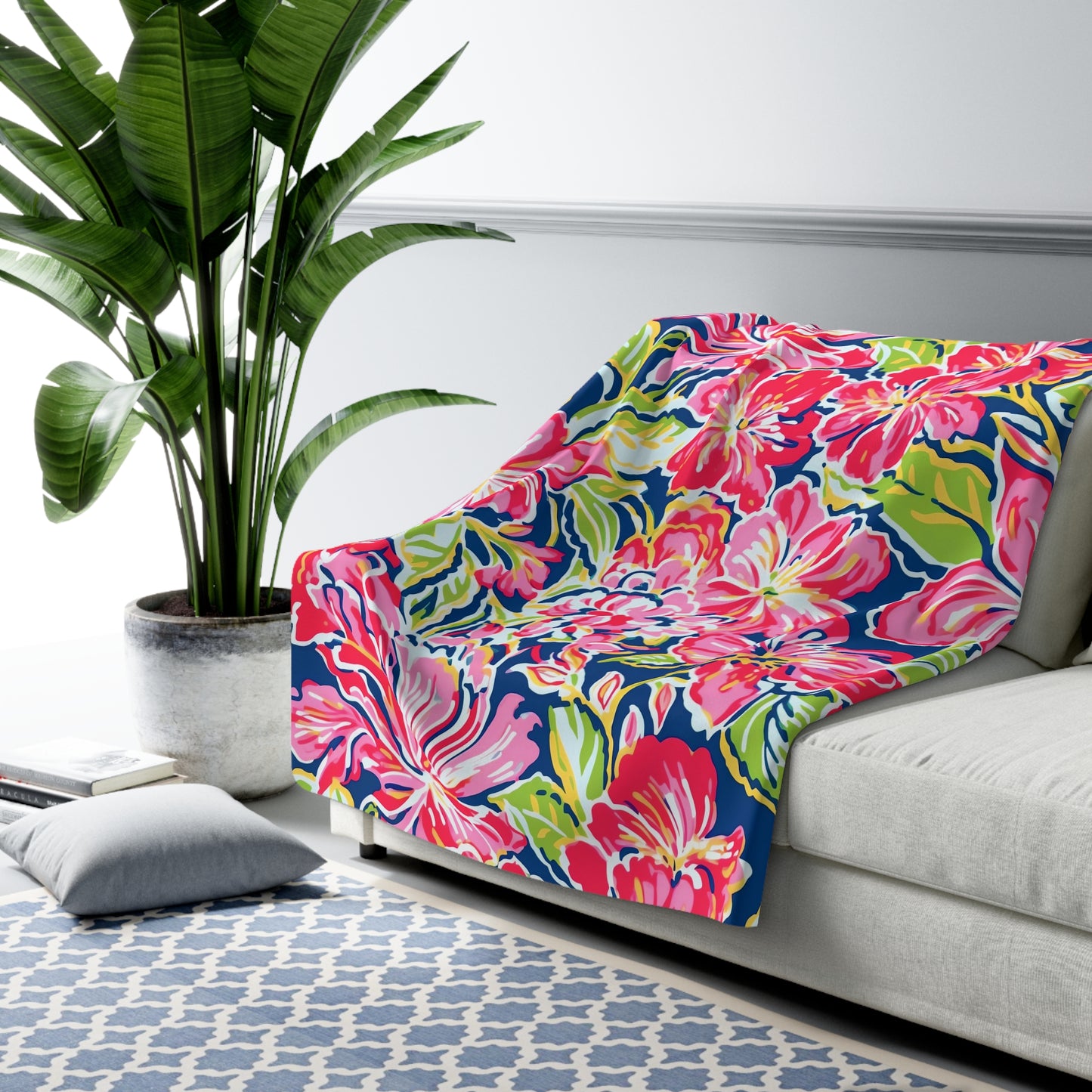 Tropical Floral Pattern Sherpa Fleece Blanket | Red Pink Green Hibiscus Print