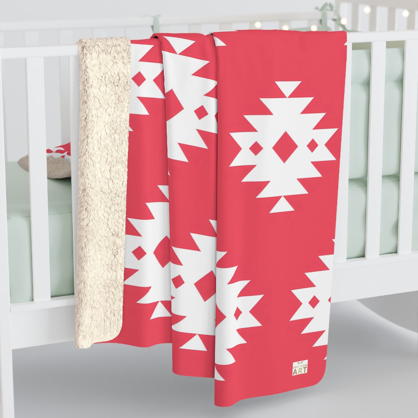 Southwestern Navajo Pattern Sherpa Blanket | Coral and white Geometric Throw