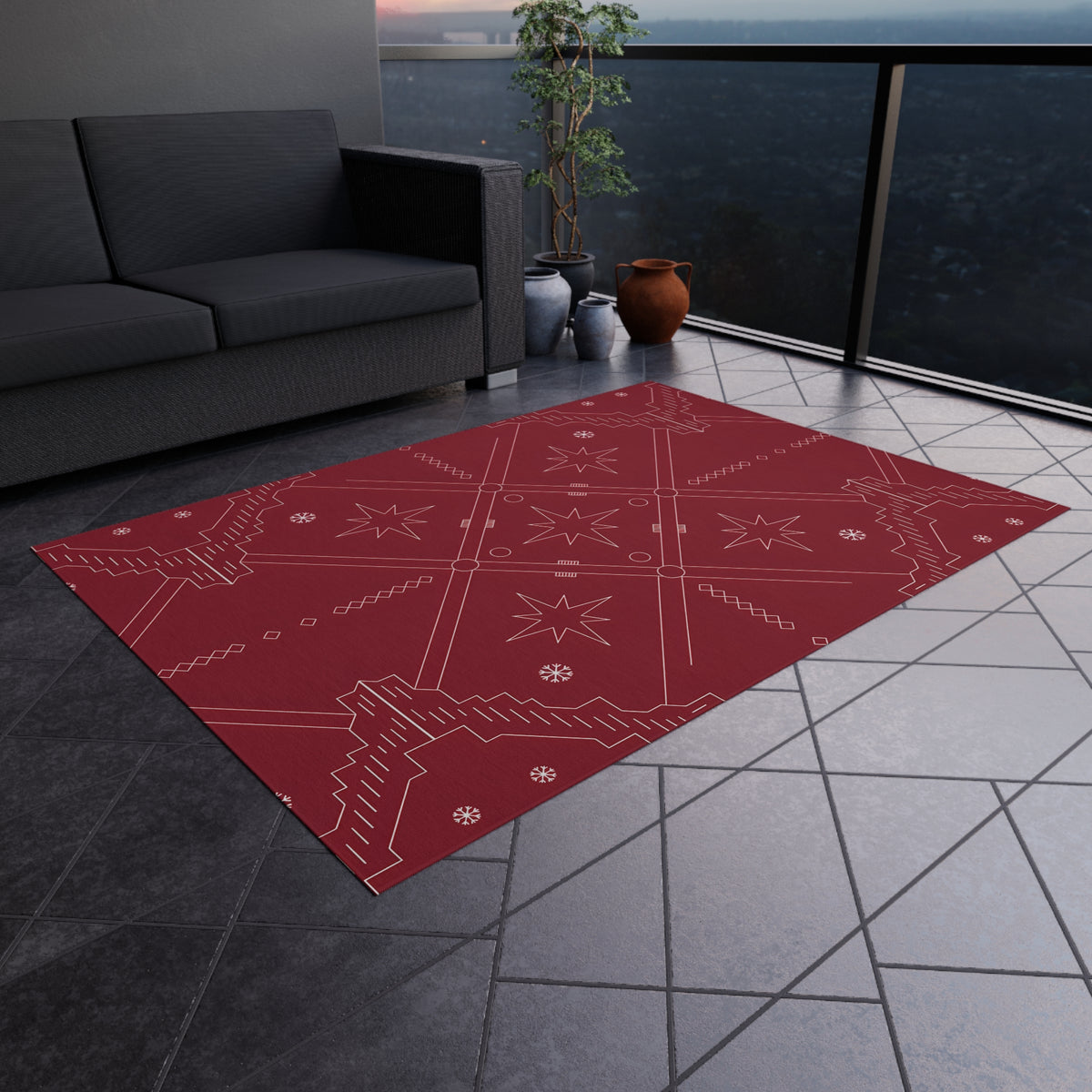 Geometric Star Pattern Outdoor Rug | Red Southwestern Patio Mat