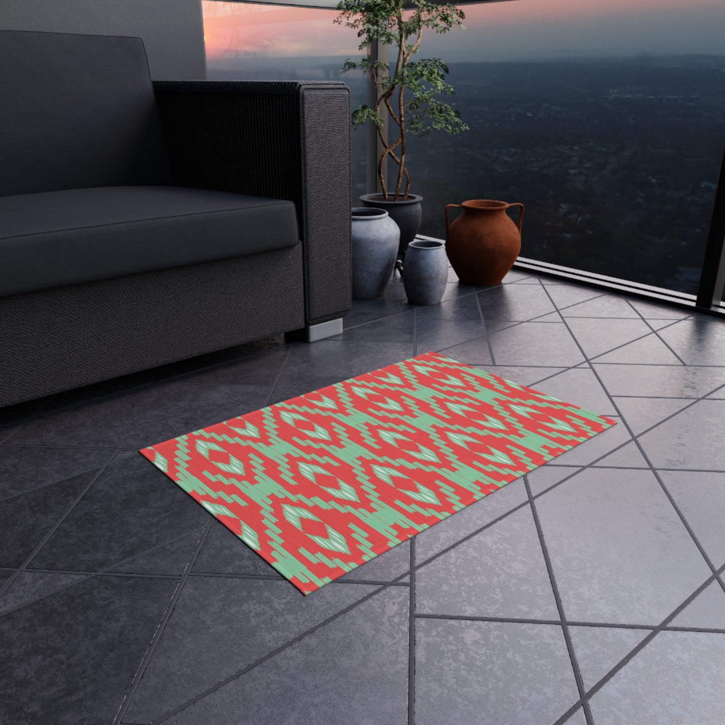 Coral Green l Ikat Pattern Outdoor/Indoor Rug | Geometric Patio Mat