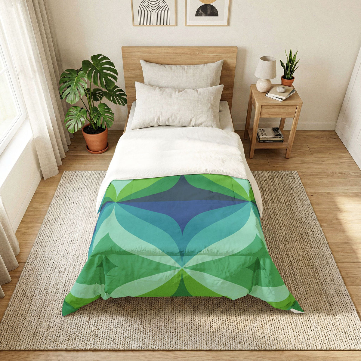 Geometric Green Blue Leaf Pattern Cotton Comforter | Mid Century Modern Bedding
