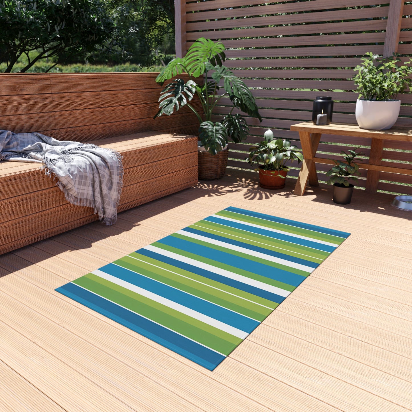 Blue Green Stripe Outdoor/Indoor Rug | Coastal Patio Floor Mat