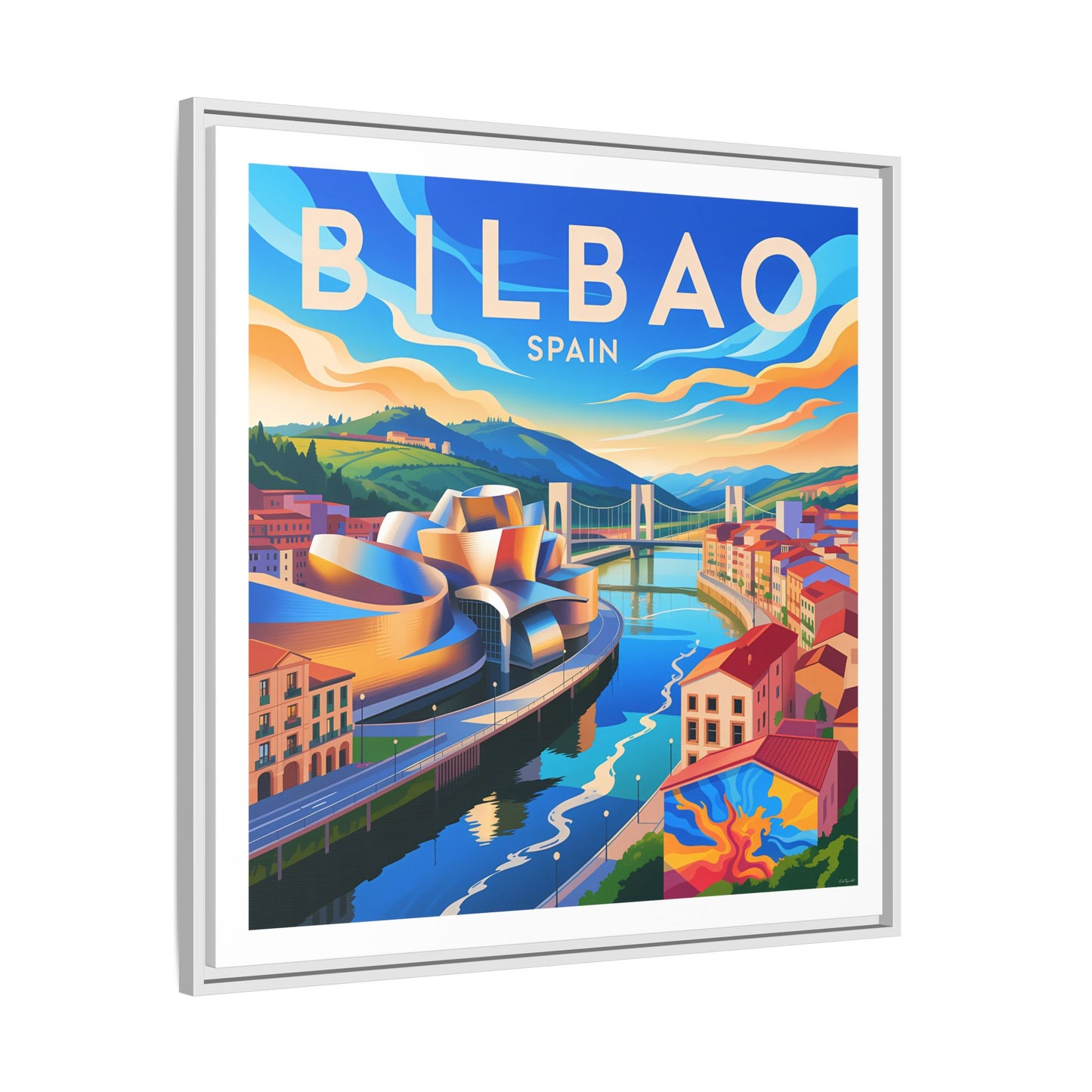 Bilbao Spain travel art Matte Canvas Framed | Bilbao cityscape wall art
