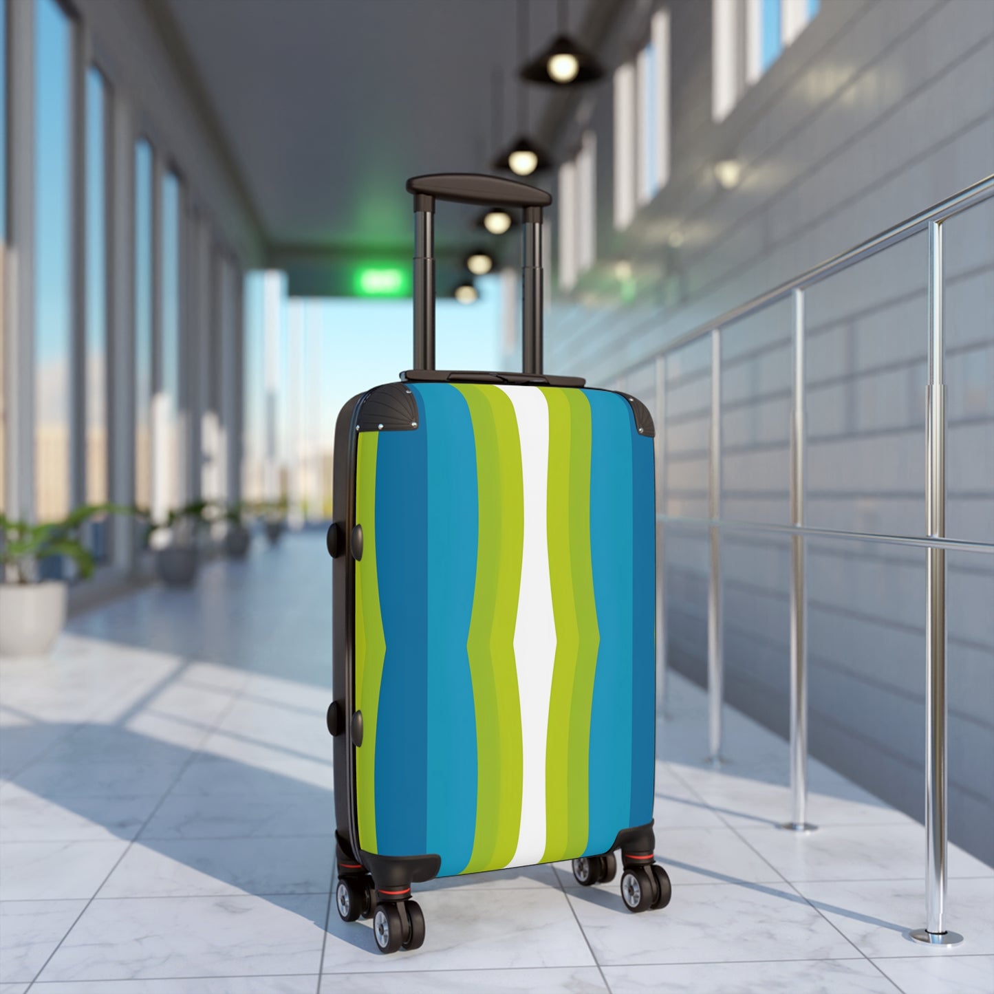 Blue Green Wave Stripe Suitcase | Travel Luggage