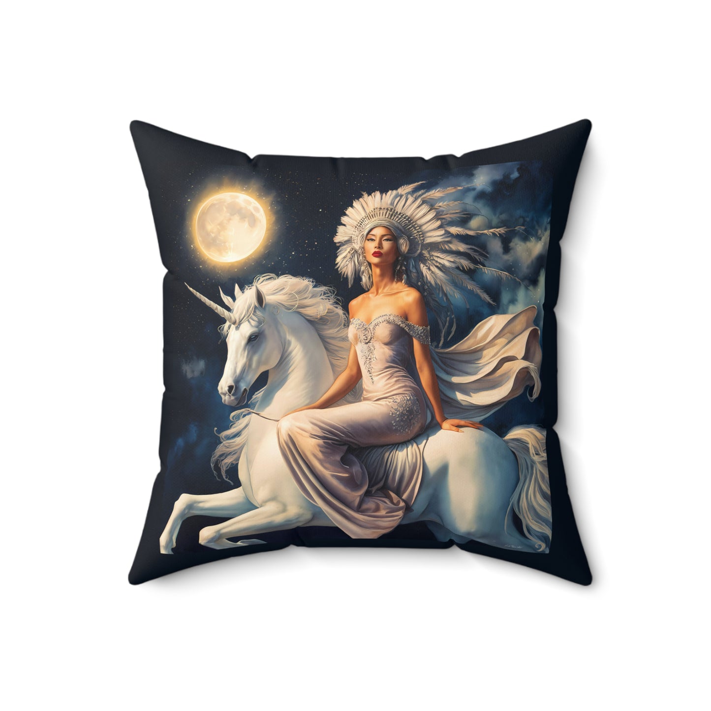 Fantasy Square Pillow, Native American Princess Unicorn Full Moon Night Sky Decor, Magical Throw Cushion, Home Accent Gift, Bedroom