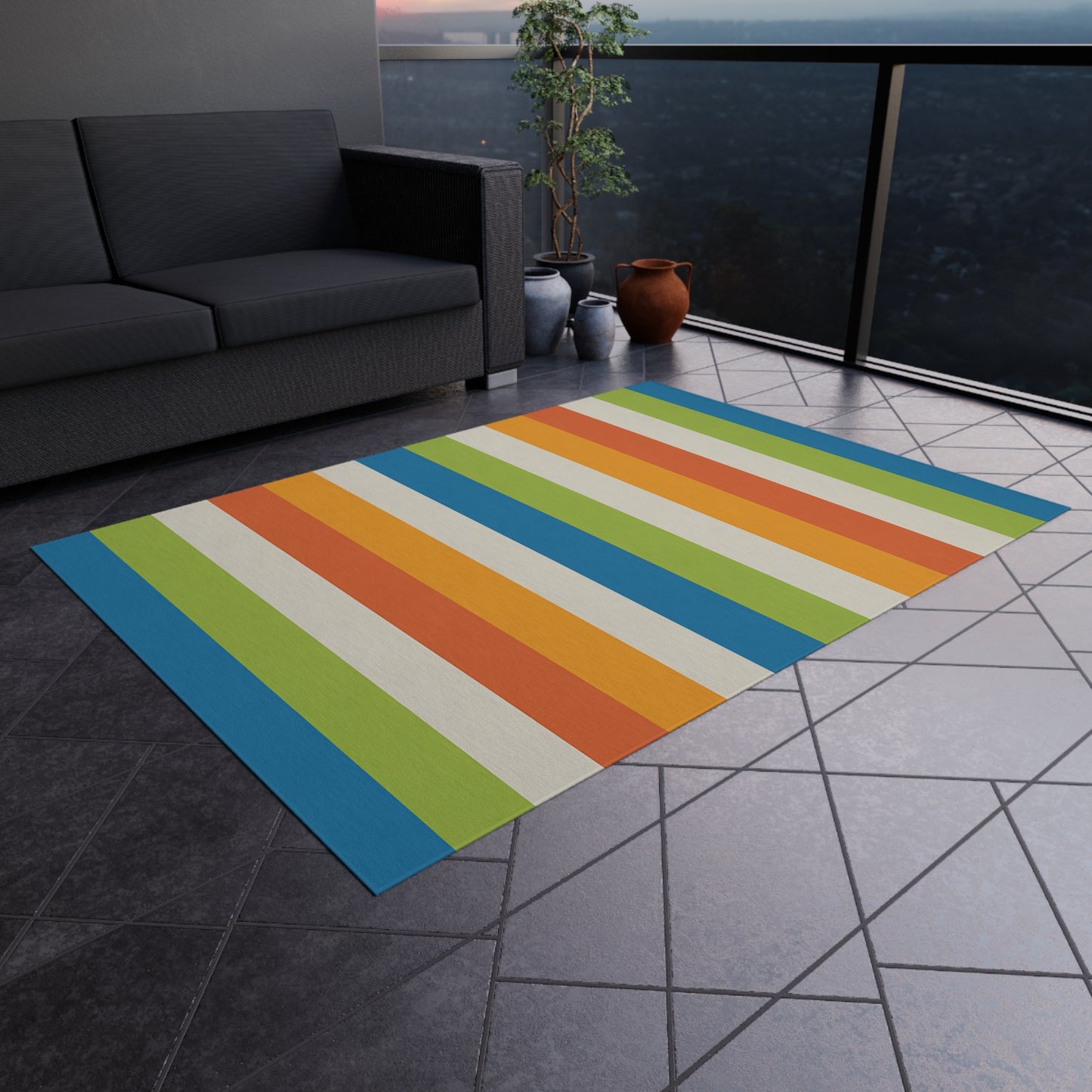Colorful Vertical Stripes Outdoor/Indoor Rug | Patio Mat, Blue Orange Green