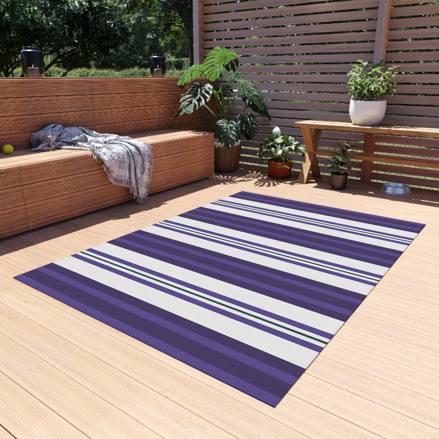 Purple White Stripe Pattern Outdoor/Indoor Rug | Coastal Patio Mat