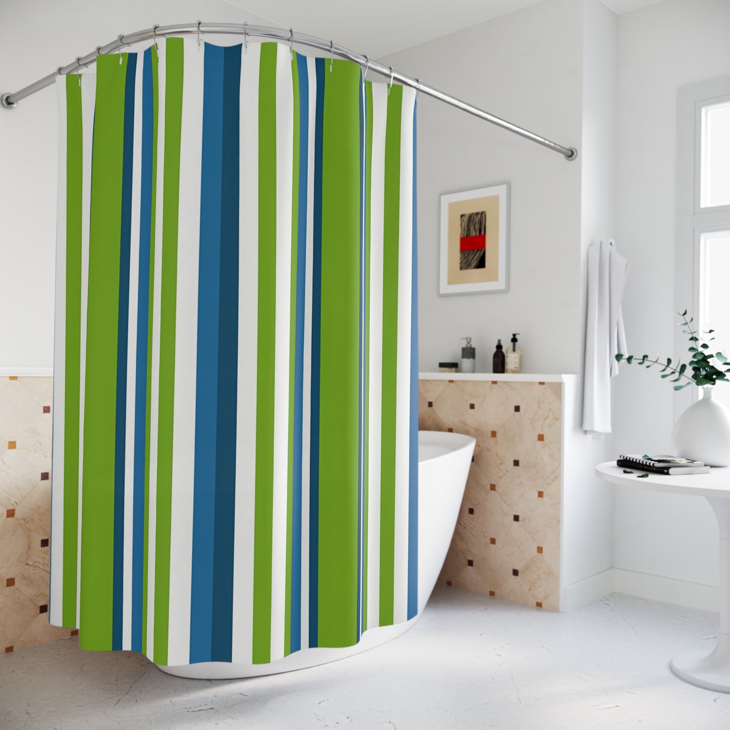 Blue Green Vertical Stripes Shower Curtain | Nautical Modern Bathroom