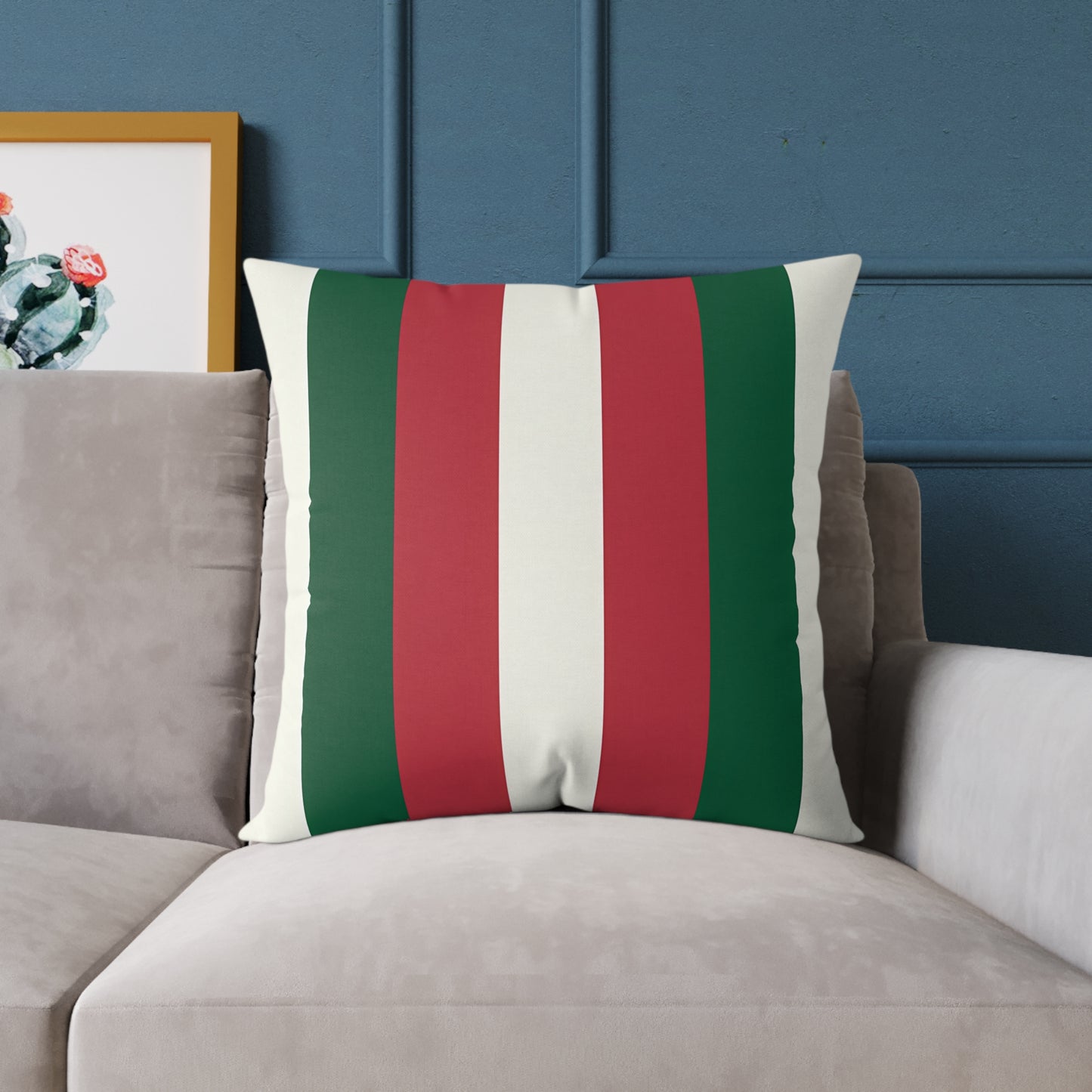 Green Red White Stripe Pillow | Square Poly Canvas Pillow