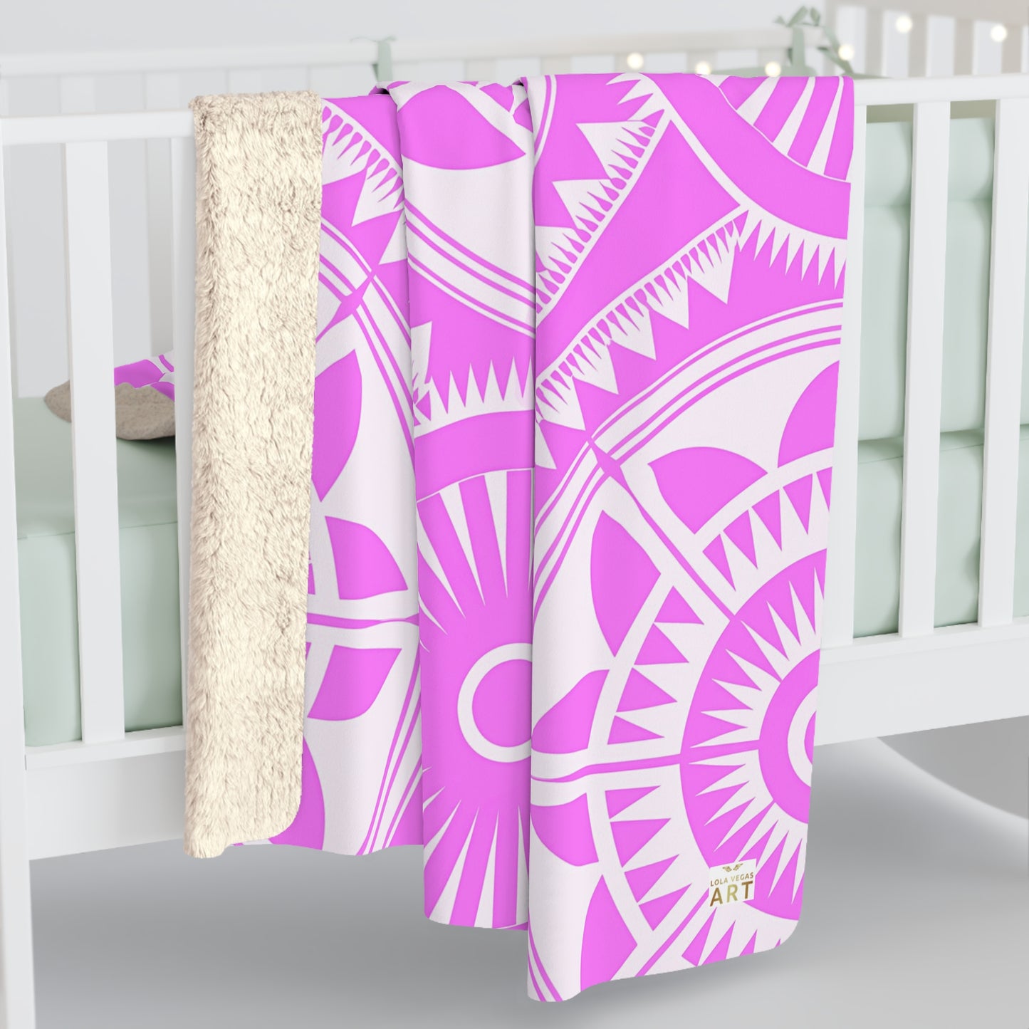 Pink White Mandala Pattern Sherpa Blanket Boho Geometric Throw