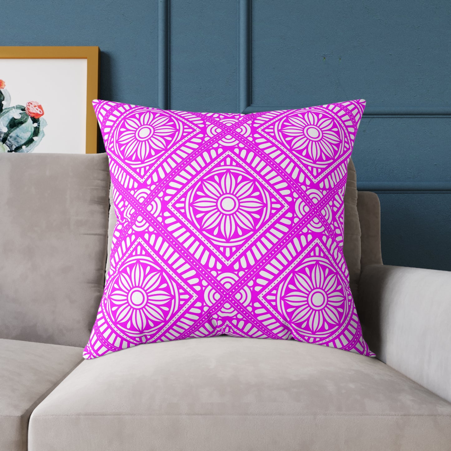 Pink and White Geometric Floral Tile Pillow | Square Poly Canvas Pillow