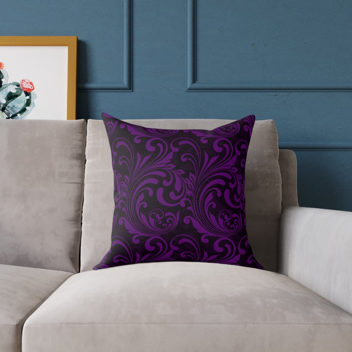 Purple Black Baroque Scroll Pillow | Square Throw Pillow, Dark Floral Damask
