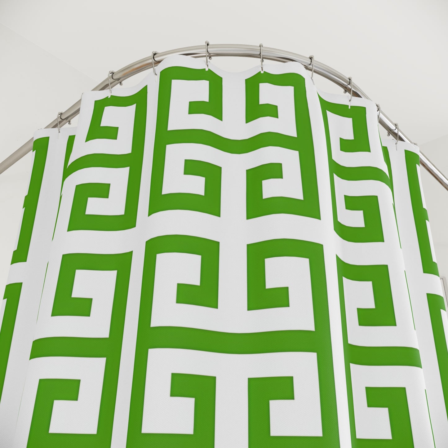 Green Greek Key Pattern Shower Curtain | Geometric Bathroom Decor
