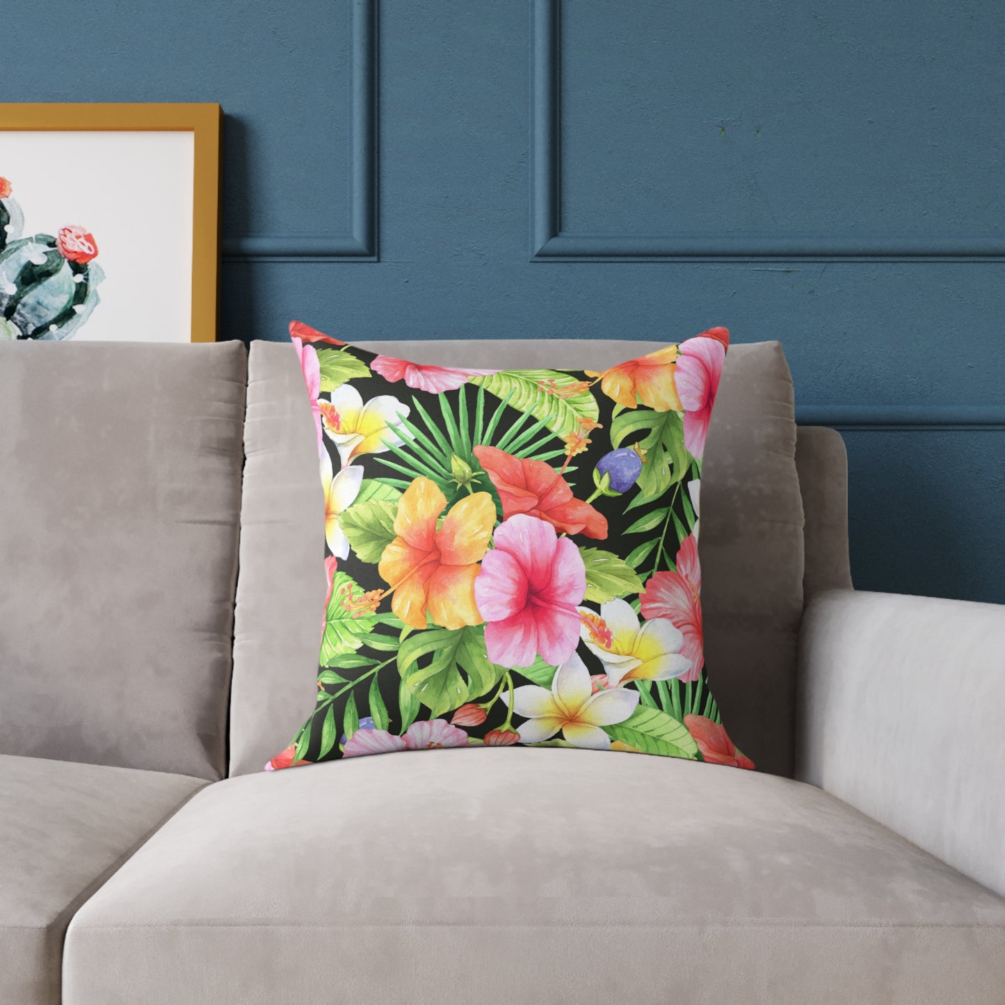 Tropical Pink Yellow Green Hibiscus Floral Square Pillow | Hawaiian Leaves Pattern
