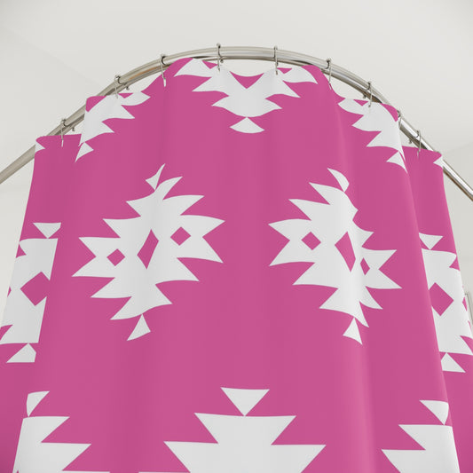 Pink White Boho Aztec Pattern Shower Curtain | Southwestern Geometric Bath Decor
