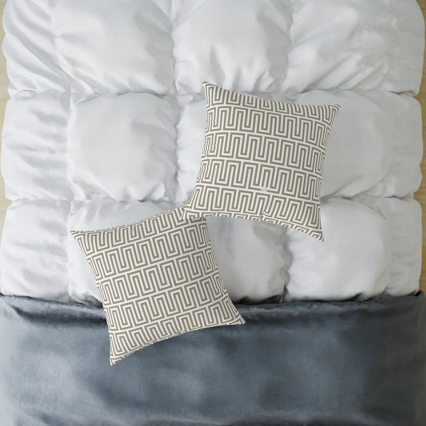 Tan White Greek Key Geometric Pattern Pillow | Square Poly Canvas Throw Pillow