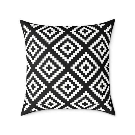 Black White Boho Native American Geometric Diamond Pattern Pillow | Square Poly Canvas Pillow