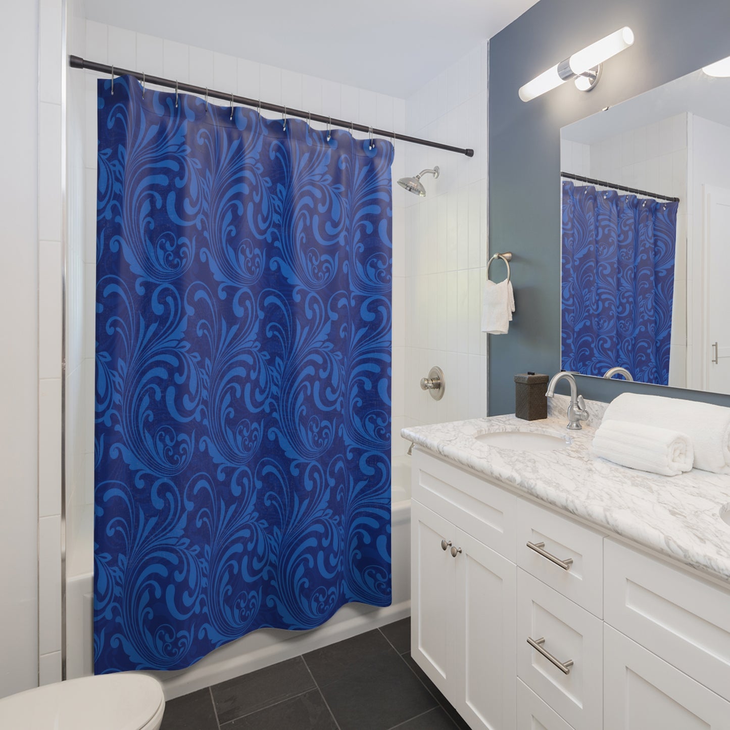 Blue Swirl Damask Shower Curtain | Floral Scroll Pattern, Baroque Bathroom Decor