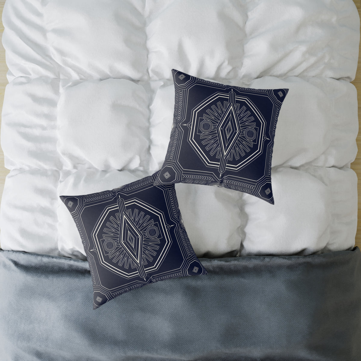 Navy White Geometric Mandala Square Pillow | Tribal Diamond Pattern