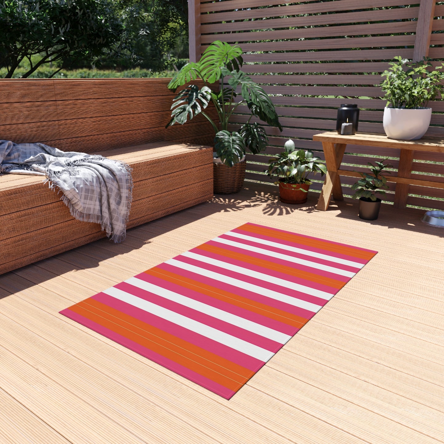 Bright Pink Orange Stripe Outdoor/Indoor Rug | Patio Mat, Weatherproof