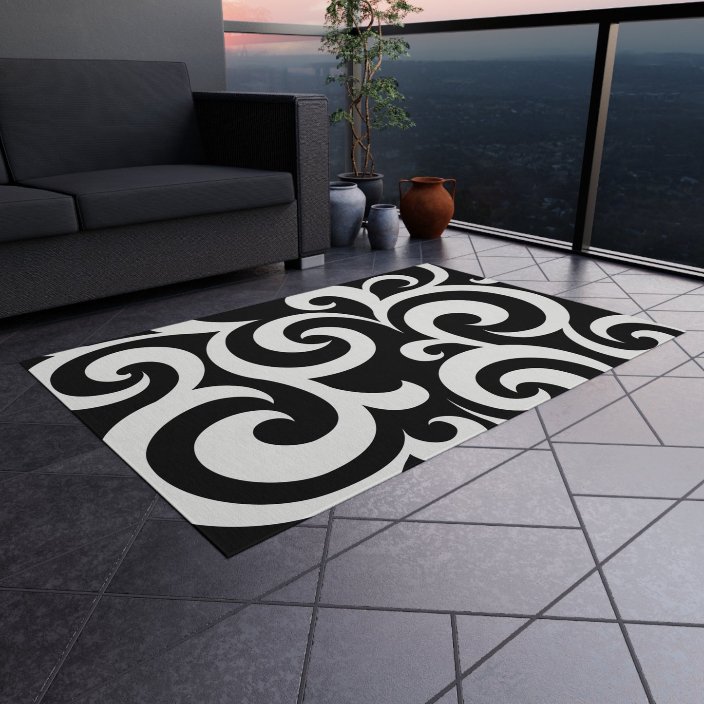 Black White Swirl Pattern Outdoor Rug | Modern Scroll Patio Mat