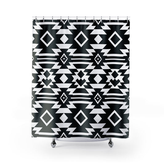 Black White Aztec Pattern Shower Curtain | Tribal Geometric Bathroom Decor