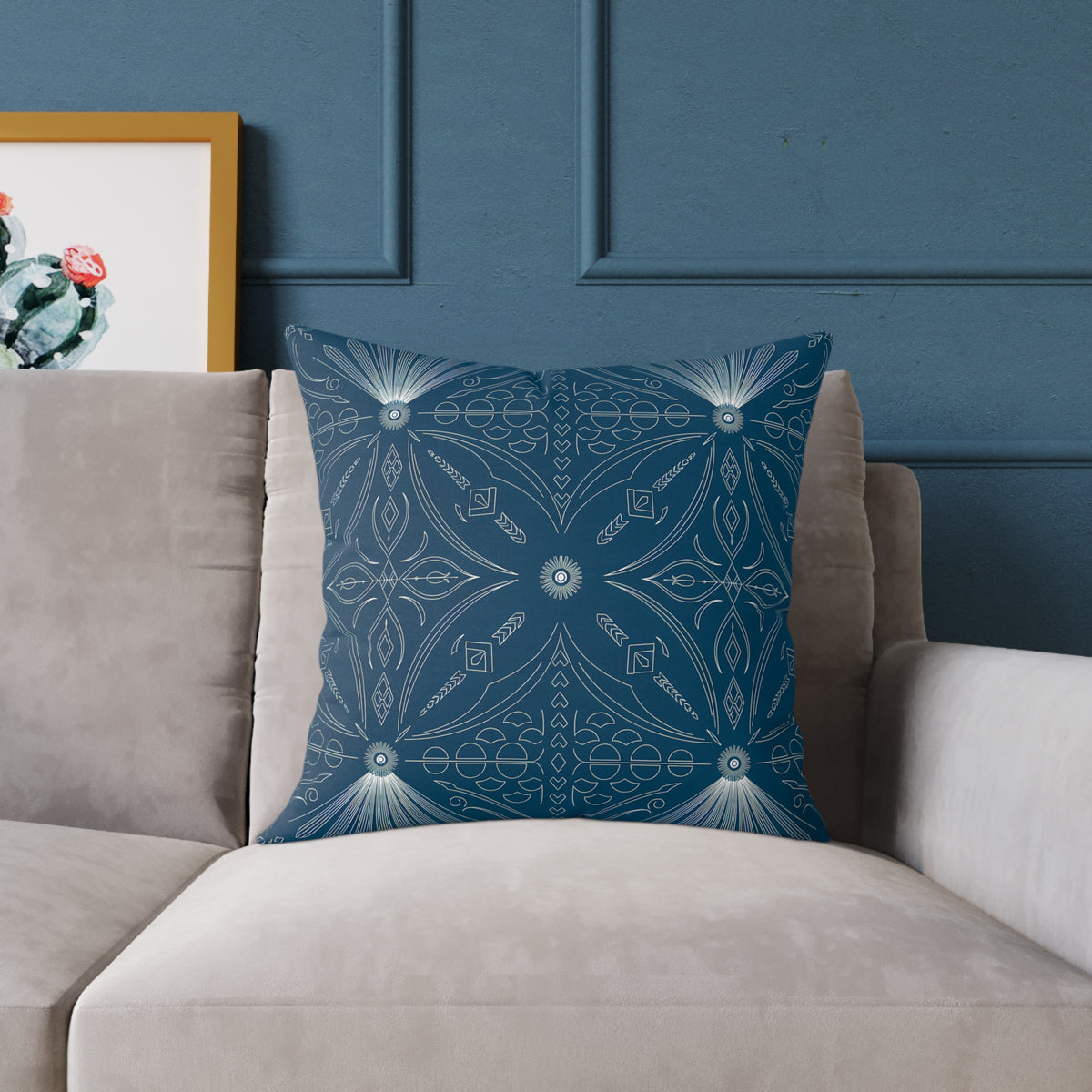 Cerulean White Geometric Mandala Square Poly Canvas Pillow | Boho Tile Pattern
