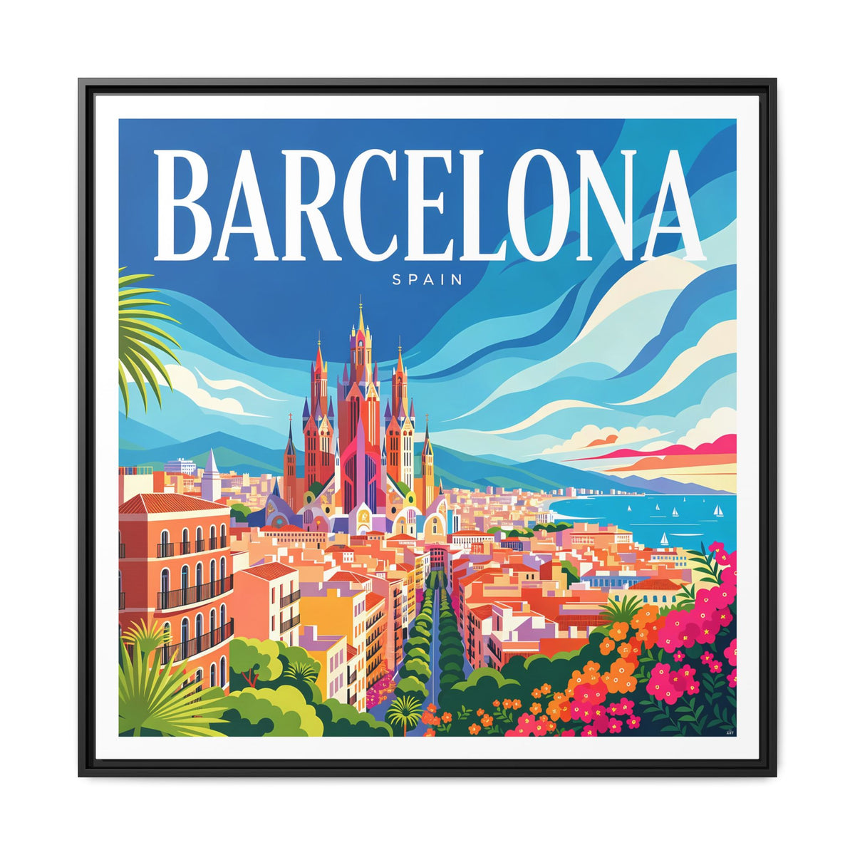 Barcelona Skyline Canvas Framed | Matte Wall Art