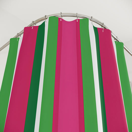 Pink and Green Vertical Stripes Shower Curtain | Bold Stripe Bathroom Decor