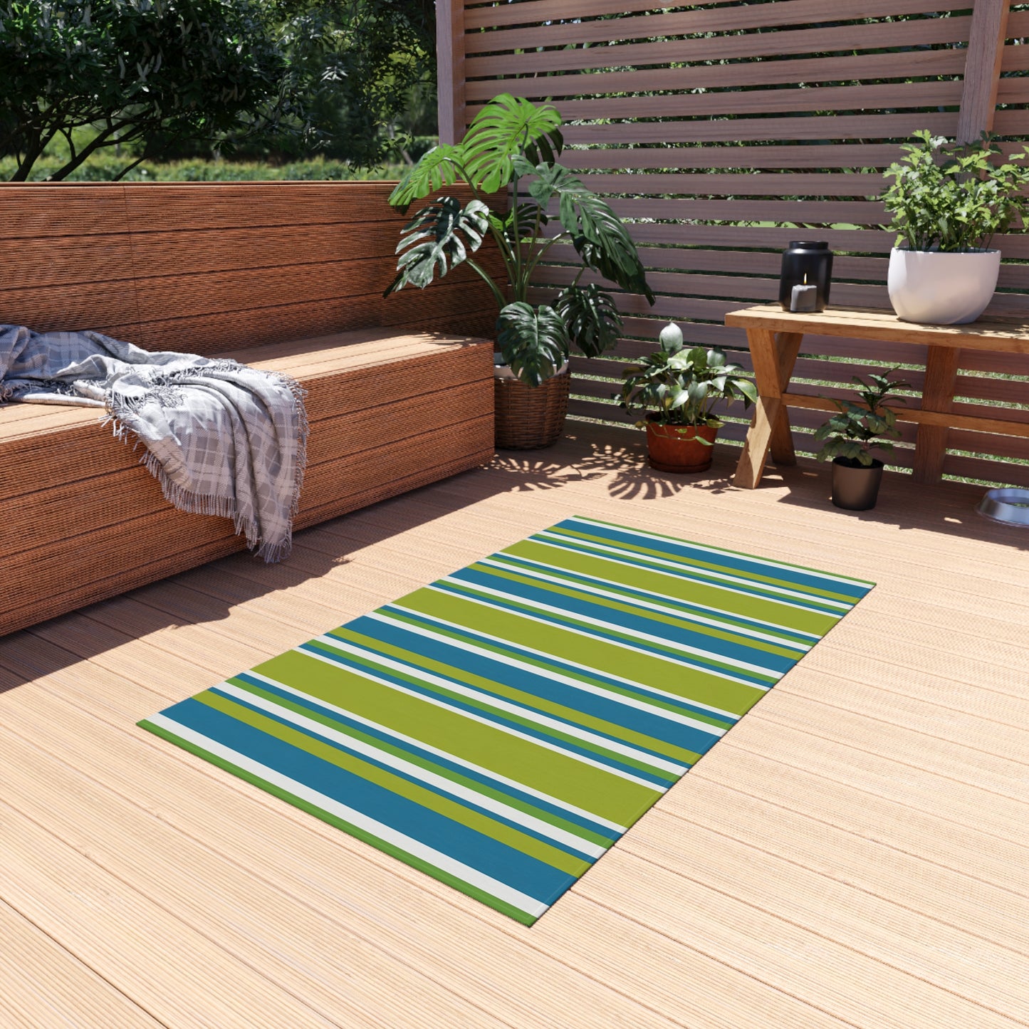 Blue Green White Stripe Outdoor/Indoor Rug | Patio Mat, Weather-Resistant