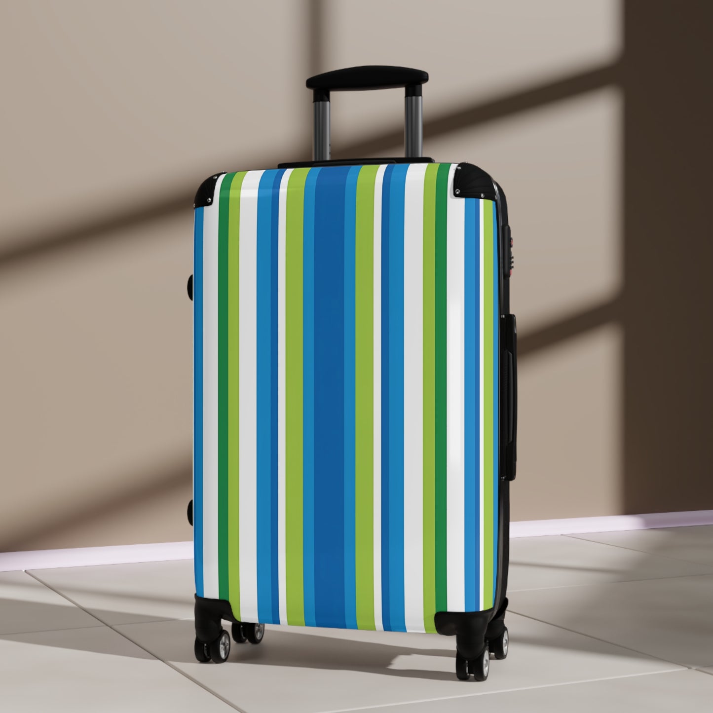 Blue Green Vertical Stripes Suitcase | Luggage Travel Accessory
